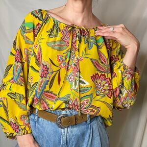 Johnny Was 100% silk Anka floral paisley print peasant top blouse shirt yellow S